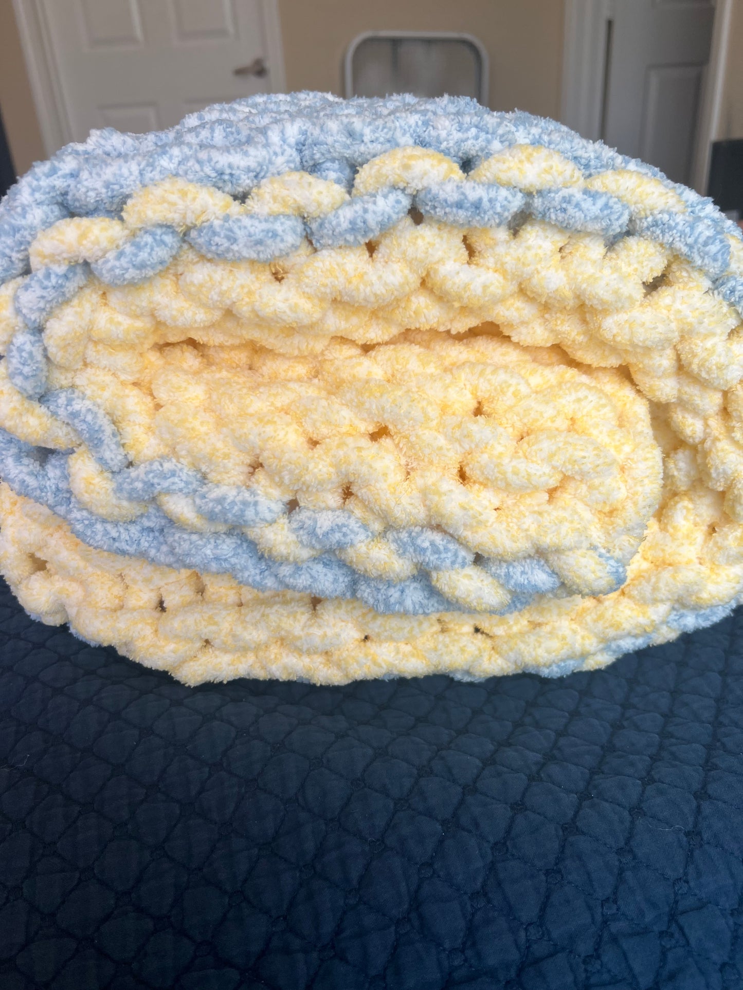 Navy Blue & Yellow Chunky Knit Baby Blanket